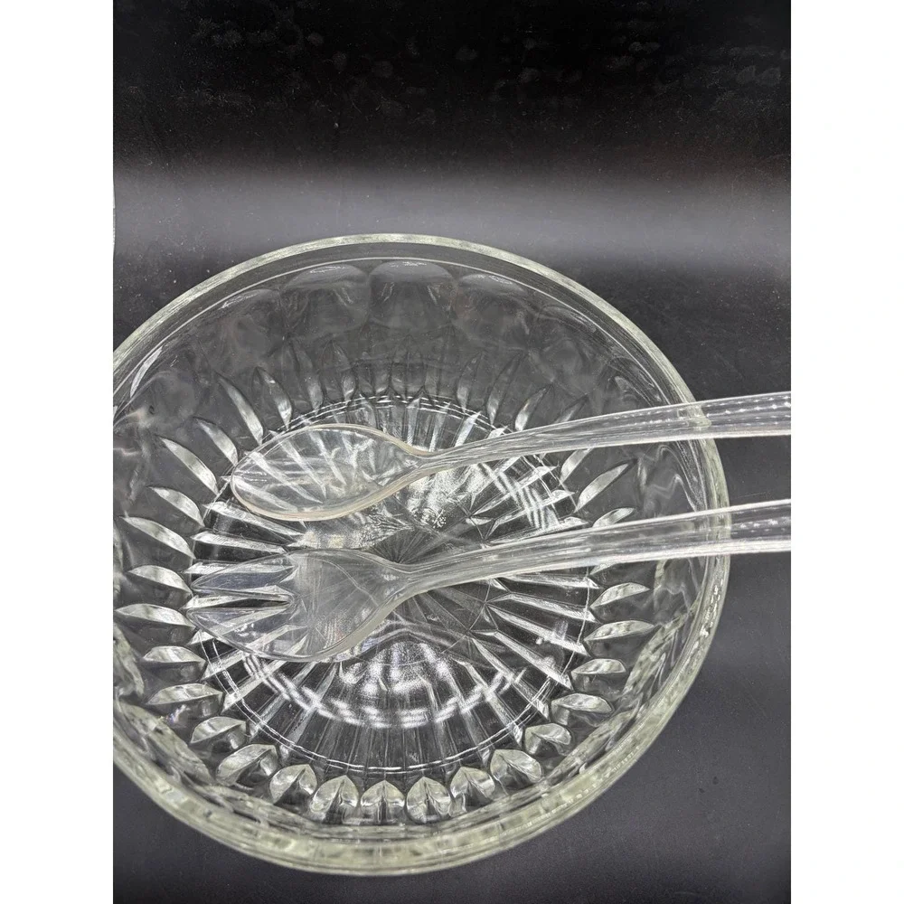Vintage Clear Pressed Glass Salad Bowl with Matching Acrylic Serving Utensils